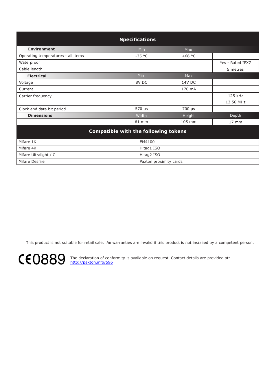 Compatible with the following tokens, Specifications | Paxton PROXIMITY energy saving reader User Manual | Page 3 / 3