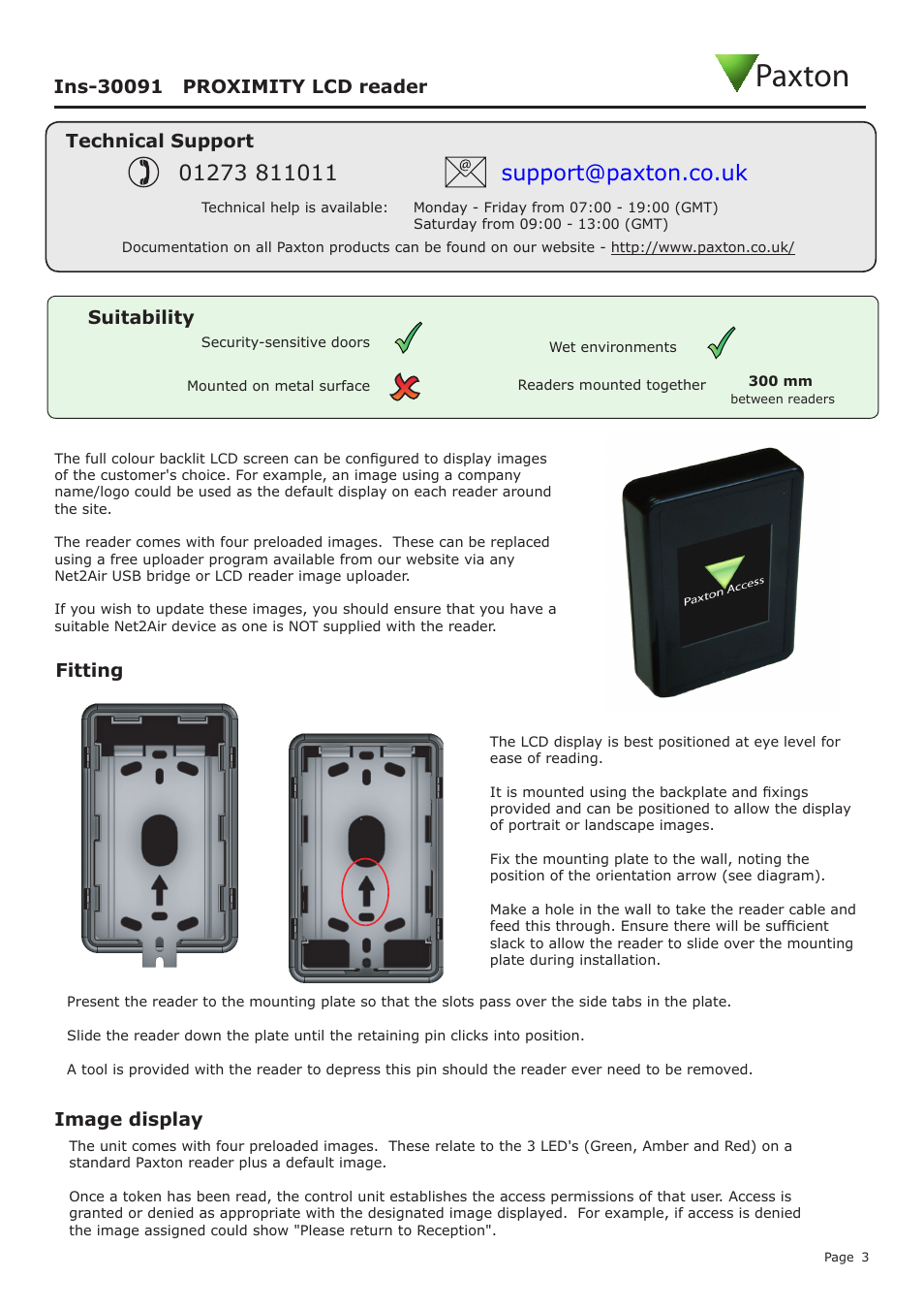 Paxton, Fitting, Image display | Suitability | Paxton LCD PROXIMITY reader kit User Manual | Page 3 / 10