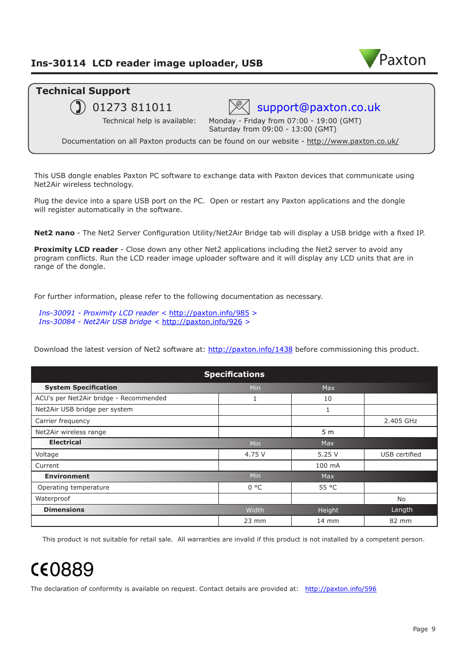 Paxton, Technical support | Paxton LCD PROXIMITY reader kit User Manual | Page 9 / 10