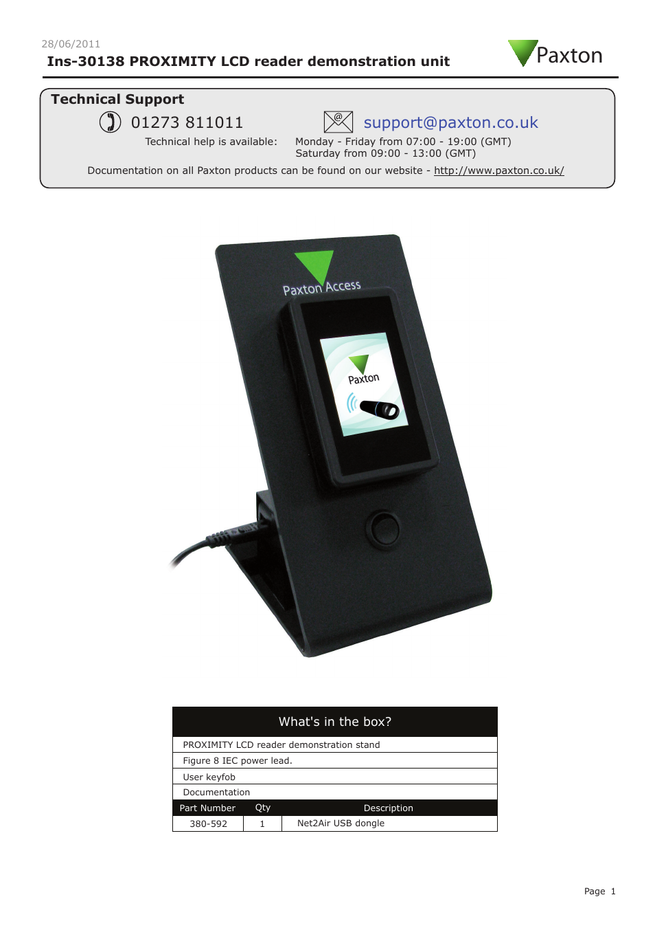 Paxton PROXIMITY LCD reader demonstration unit User Manual | 10 pages