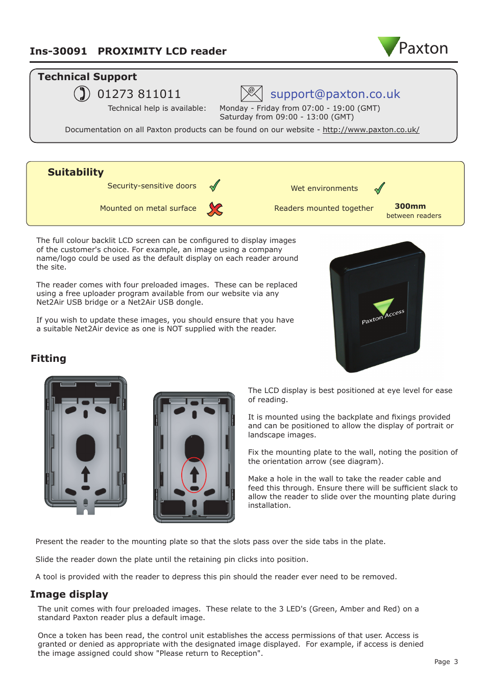 Paxton, Fitting, Image display | Suitability | Paxton PROXIMITY LCD reader demonstration unit User Manual | Page 3 / 10