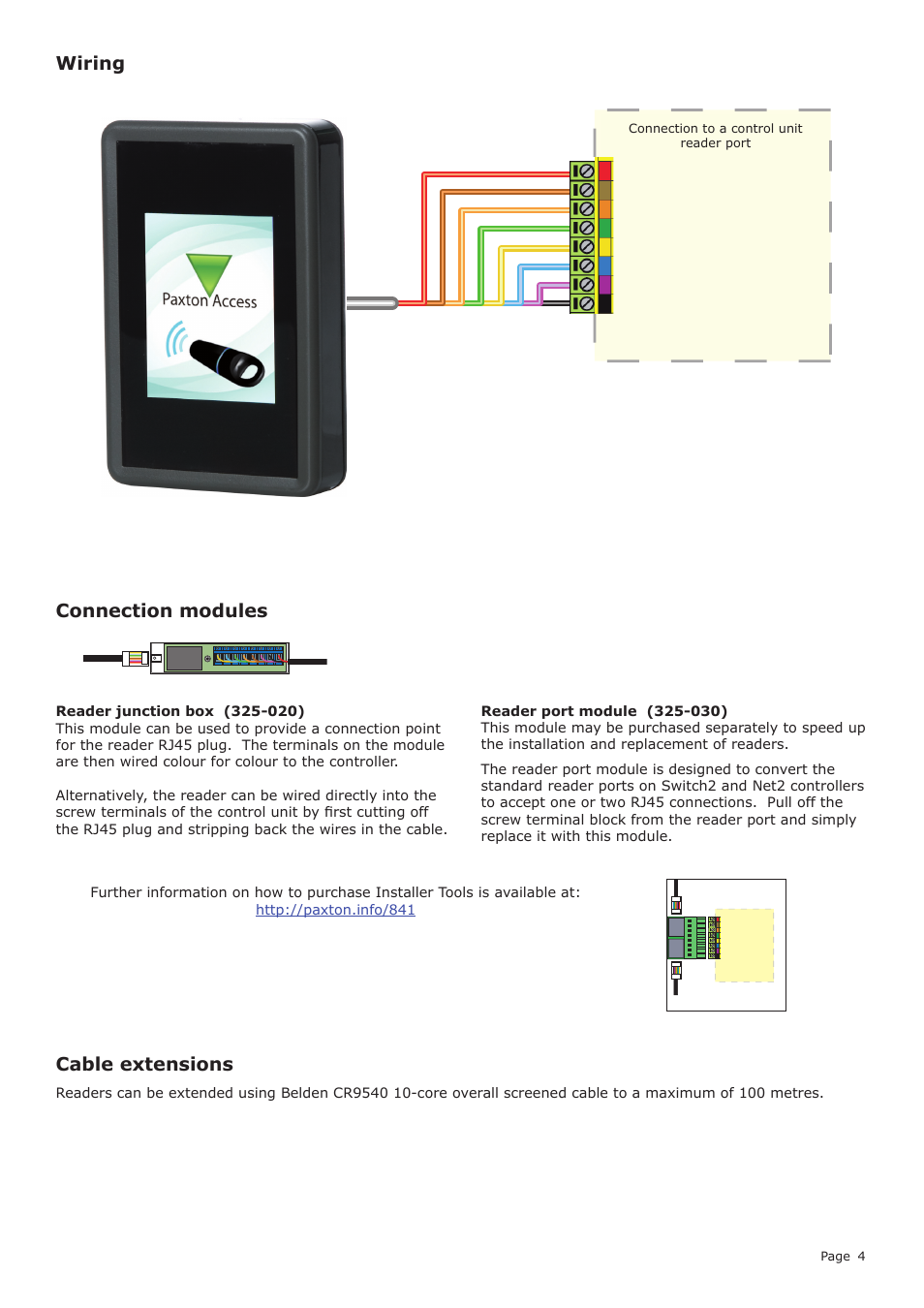 Cable extensions, Wiring, Connection modules | Paxton PROXIMITY LCD reader demonstration unit User Manual | Page 4 / 10
