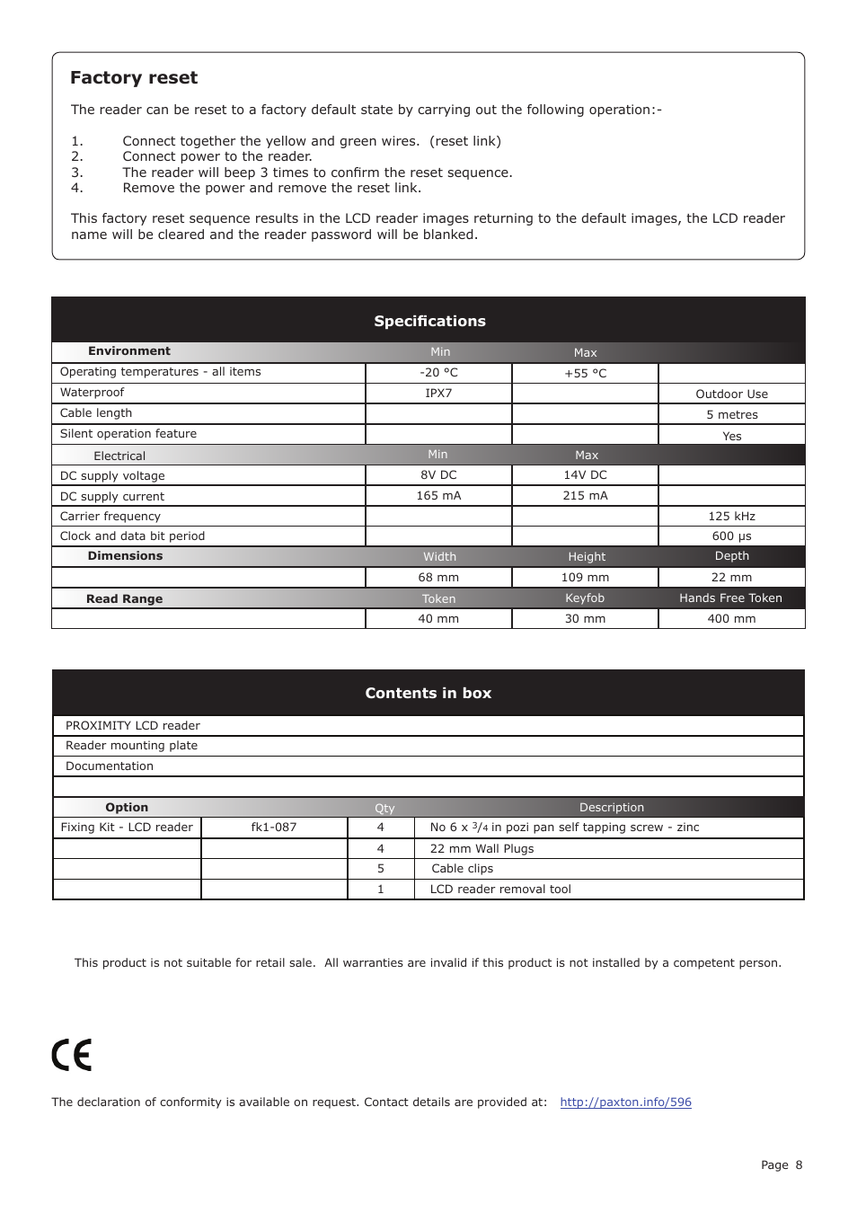 Factory reset, Specifications, Contents in box | Paxton PROXIMITY LCD reader demonstration unit User Manual | Page 8 / 10
