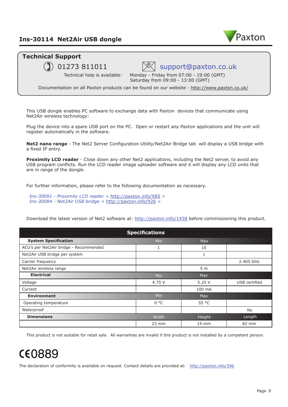 Paxton, Technical support | Paxton PROXIMITY LCD reader demonstration unit User Manual | Page 9 / 10