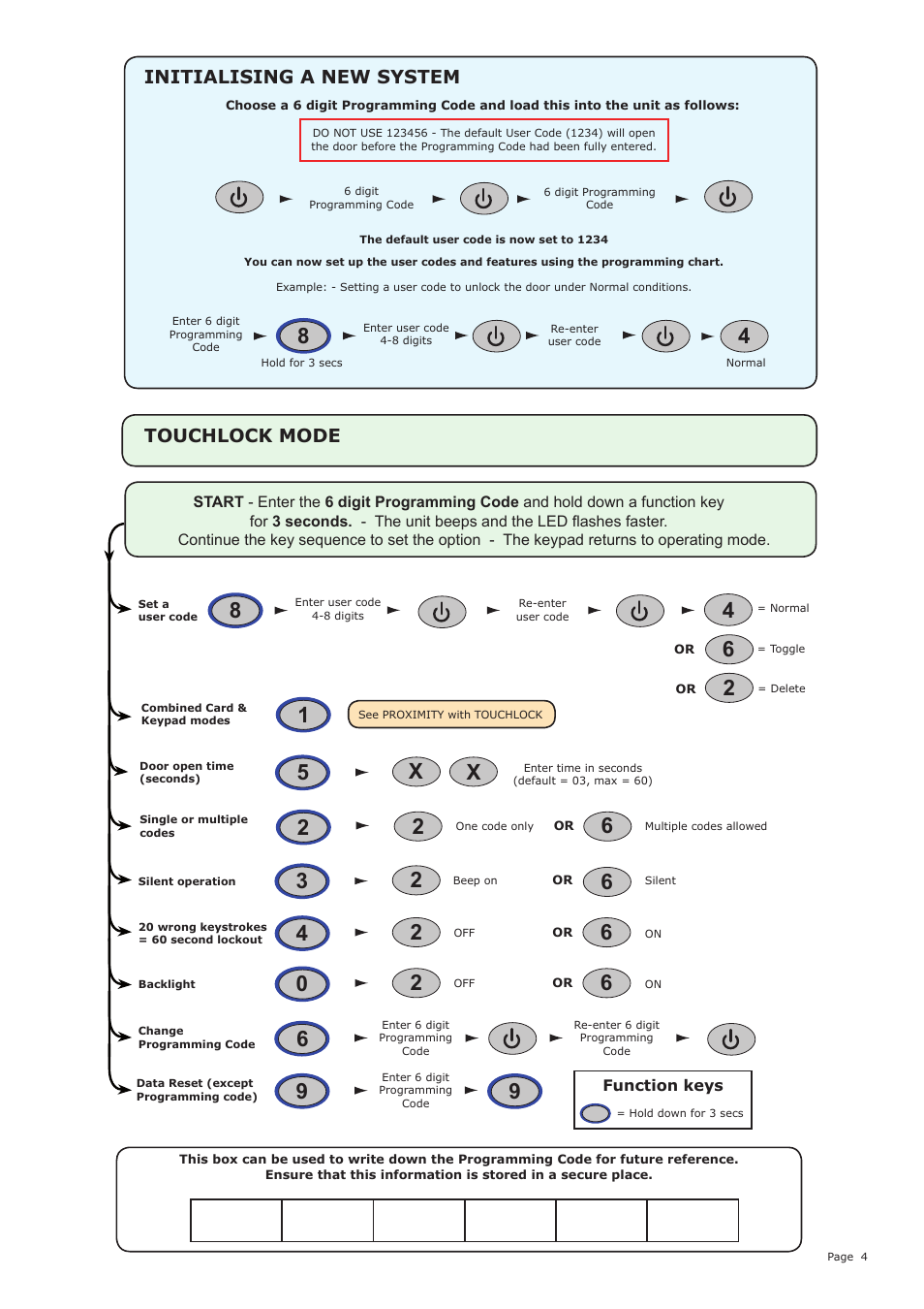 X2 4 6, Initialising a new system touchlock mode | Paxton Easyprox compact keypad User Manual | Page 4 / 9