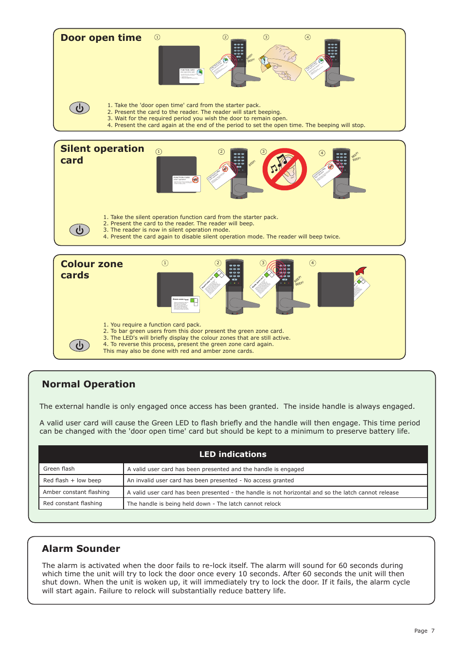 Normal operation, Alarm sounder, Door open time | Silent operation card, Colour zone cards, Led indications | Paxton Easyprox compact keypad User Manual | Page 7 / 9