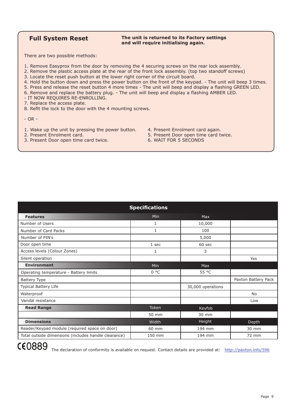 Full system reset | Paxton Easyprox compact keypad User Manual | Page 9 / 9