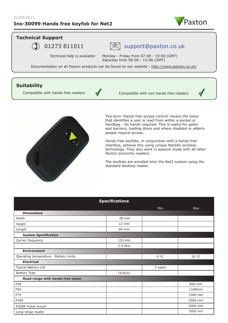 Paxton Hands free keyfob for Net2 User Manual | 2 pages