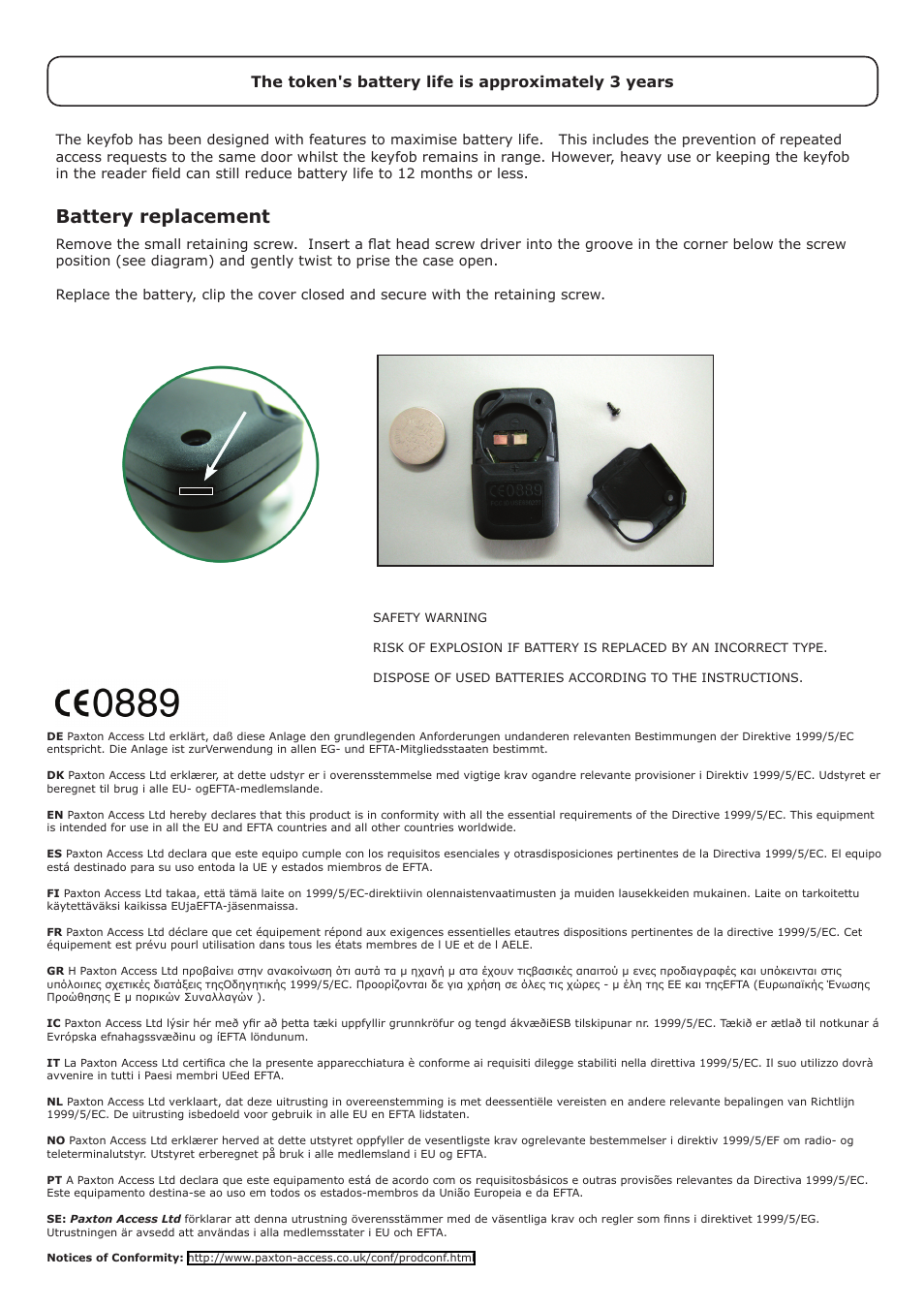 Battery replacement, The token's battery life is approximately 3 years | Paxton Hands free keyfob for Net2 User Manual | Page 2 / 2
