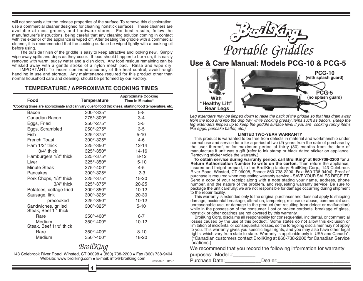 Broil King PCG-10 User Manual | 2 pages