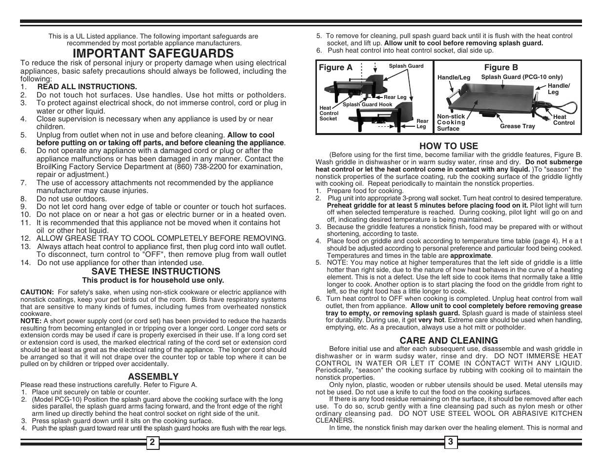 Important safeguards | Broil King PCG-10 User Manual | Page 2 / 2