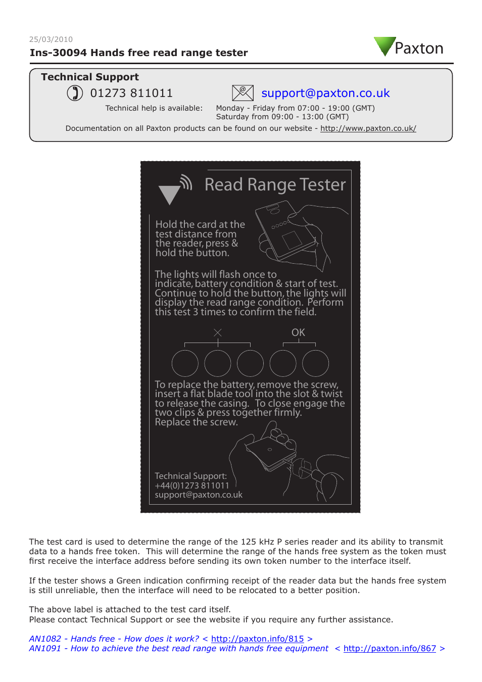 Paxton Hands free read range tester User Manual | 1 page