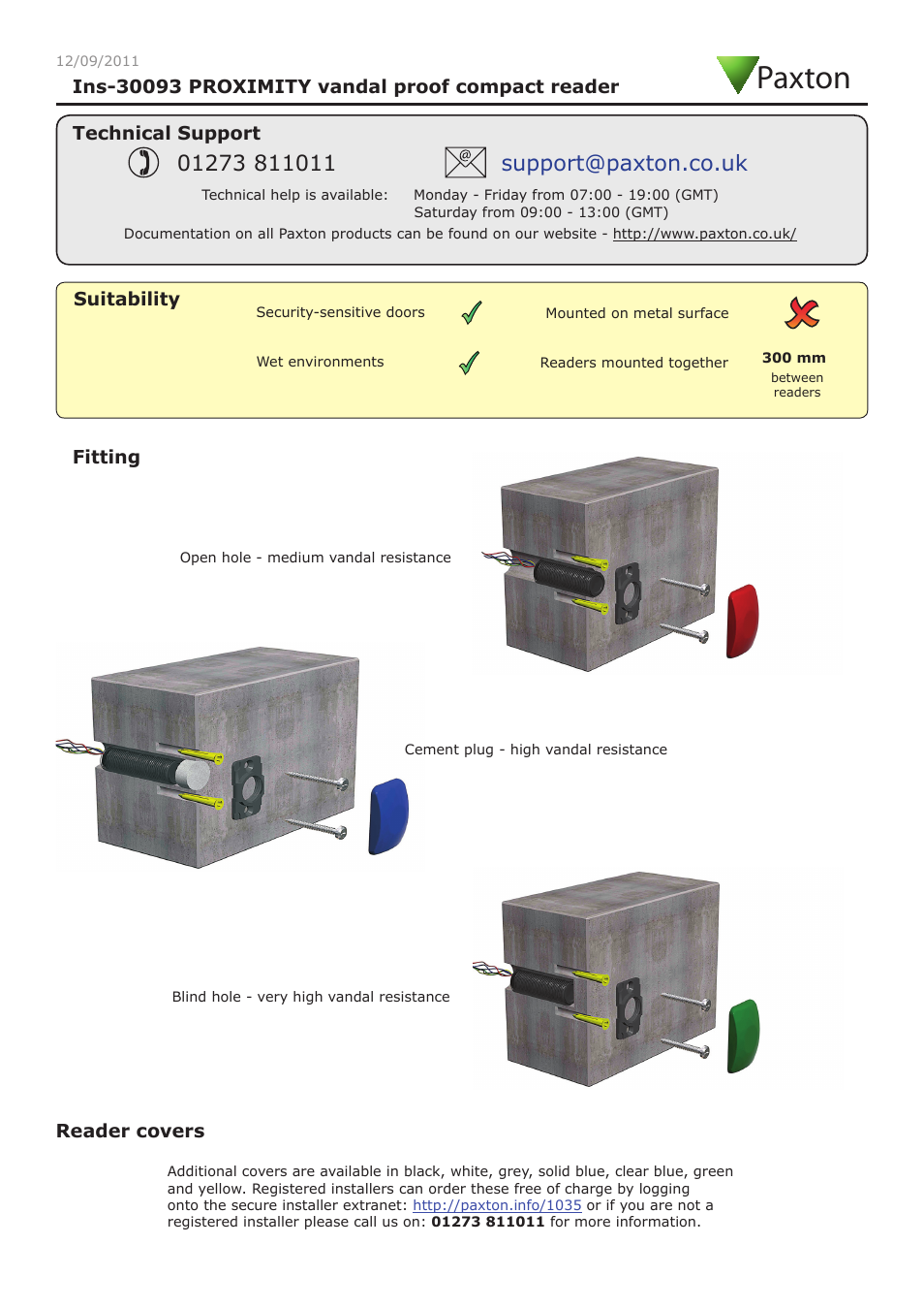 Paxton PROXIMITY vandal proof compact reader User Manual | 4 pages