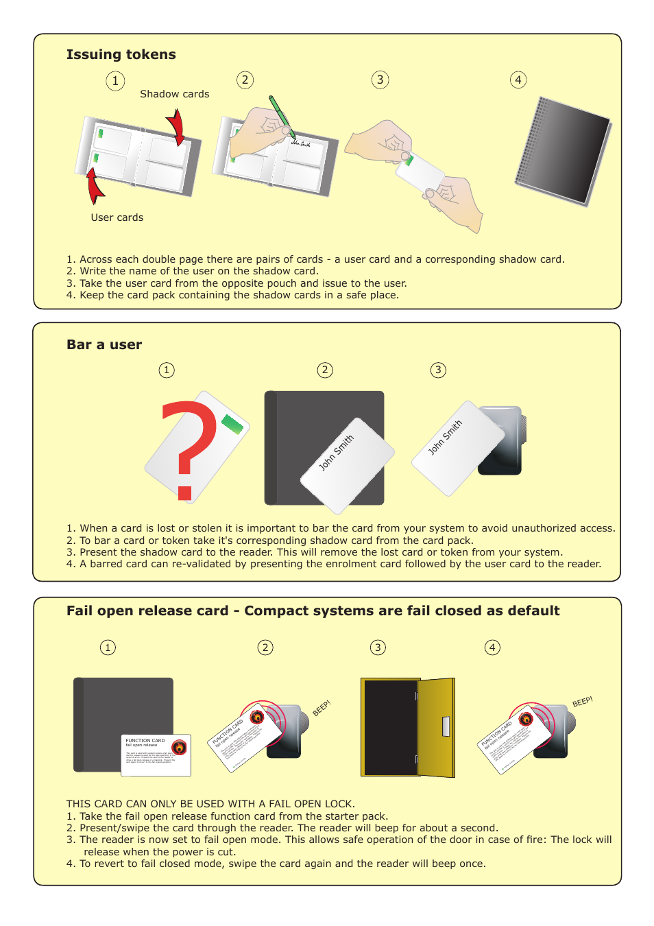 Issuing tokens, Bar a user, User cards shadow cards | John sm ith, John smith | Paxton PROXIMITY vandal proof compact reader User Manual | Page 3 / 4