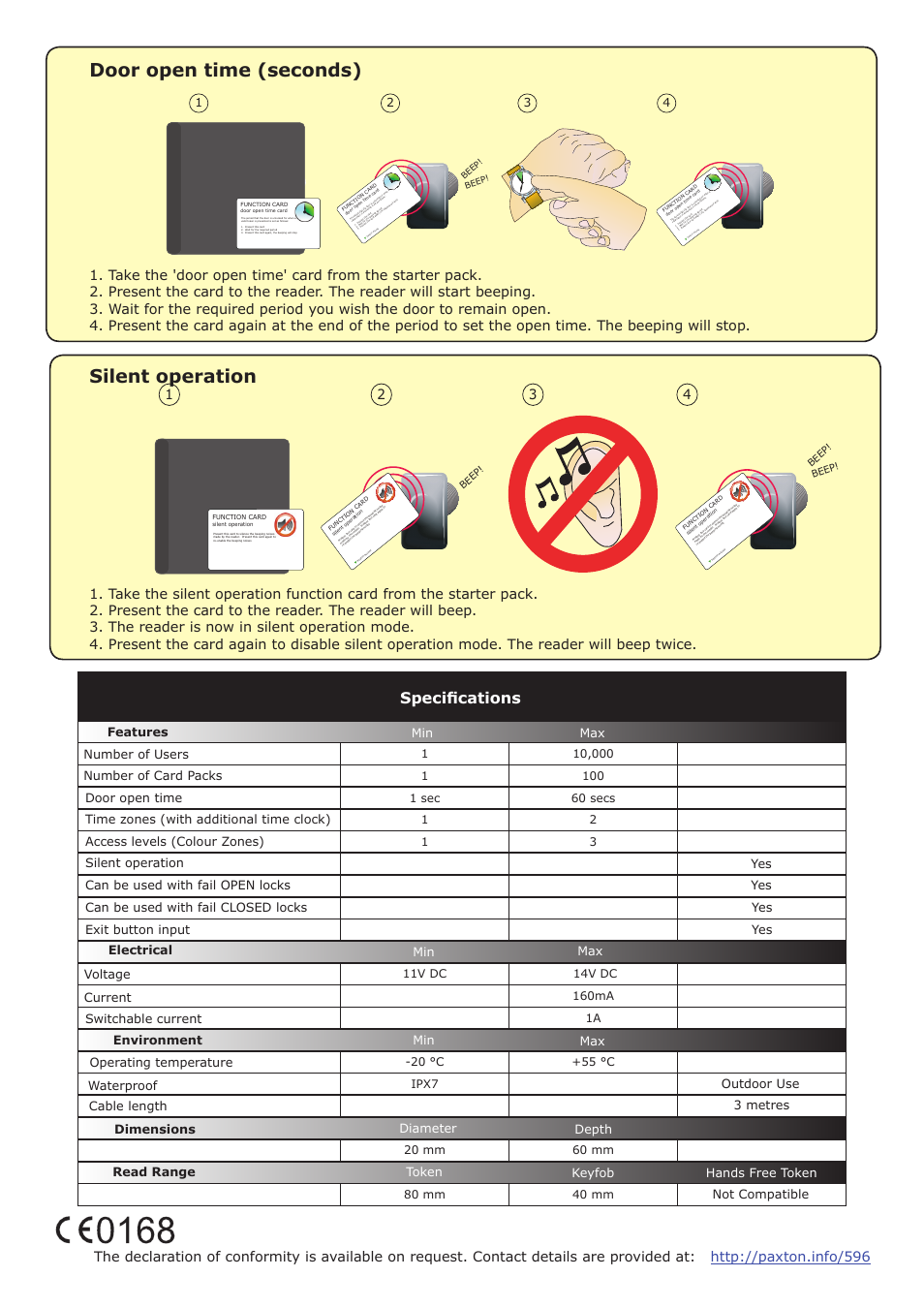 Door open time (seconds), Silent operation, Specifications | Yes yes, Beep | Paxton PROXIMITY vandal proof compact reader User Manual | Page 4 / 4