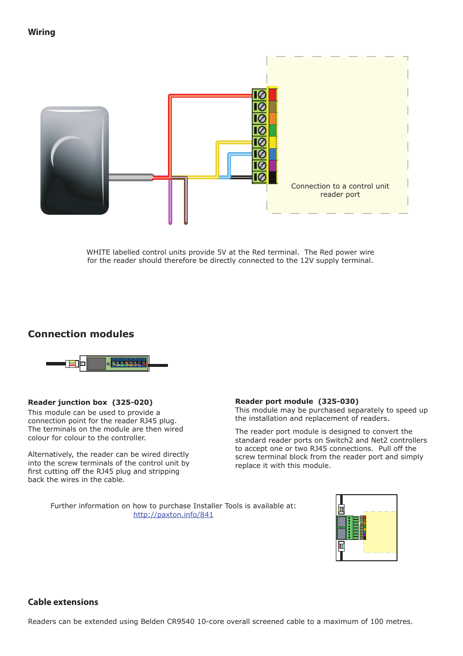 Cable extensions, Wiring, Connection modules | Paxton PROXIMITY vandal proof reader User Manual | Page 2 / 4