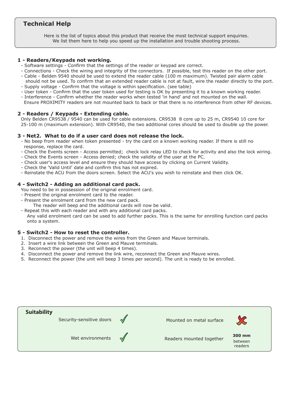 Technical help, Suitability | Paxton PROXIMITY vandal proof reader User Manual | Page 3 / 4
