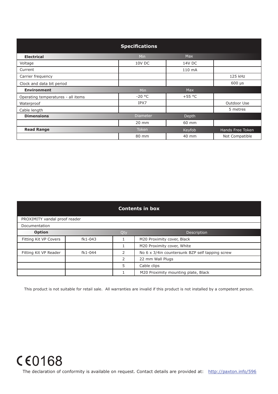 Contents in box, Specifications | Paxton PROXIMITY vandal proof reader User Manual | Page 4 / 4