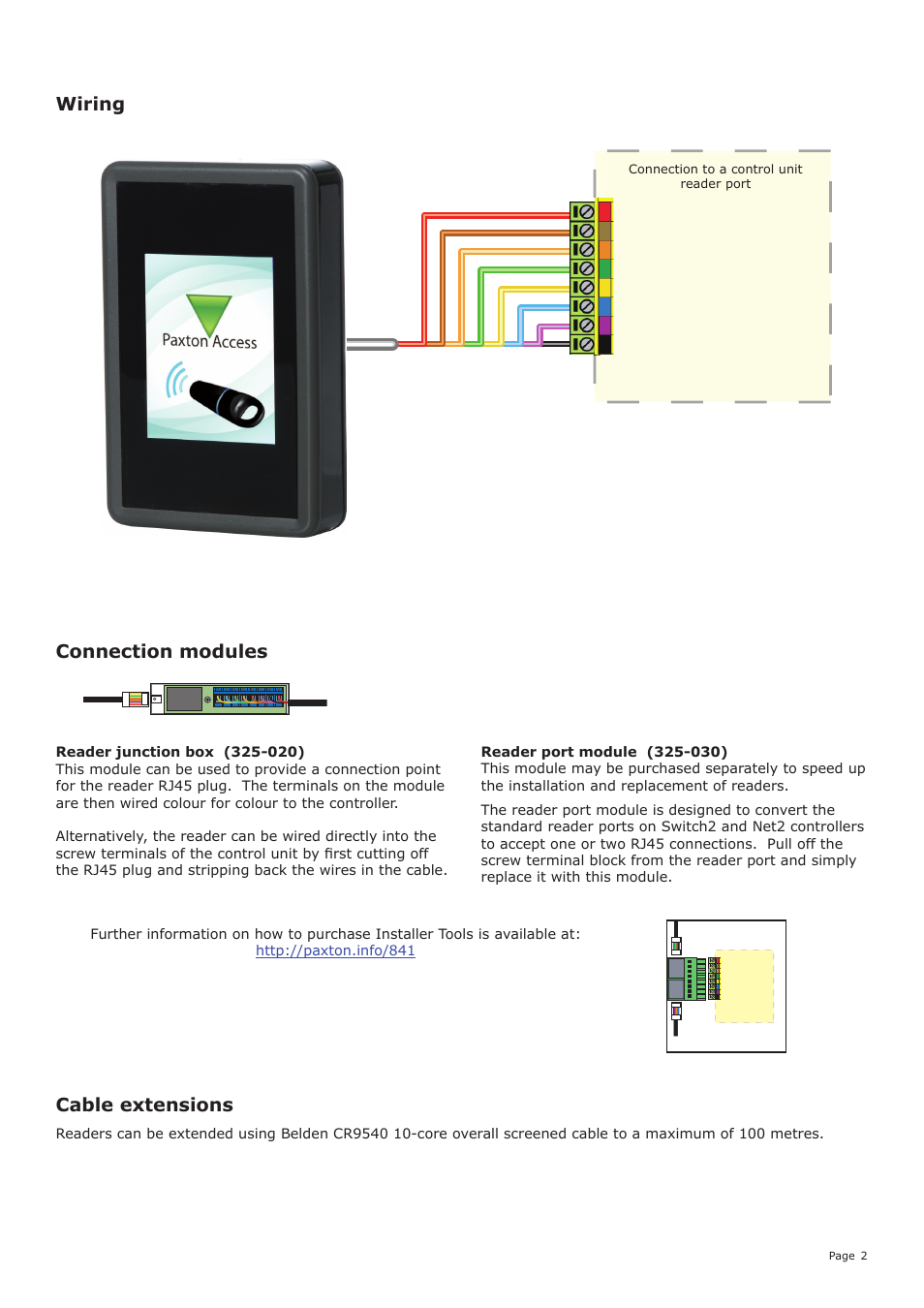 Cable extensions, Wiring, Connection modules | Paxton PROXIMITY LCD reader User Manual | Page 2 / 6