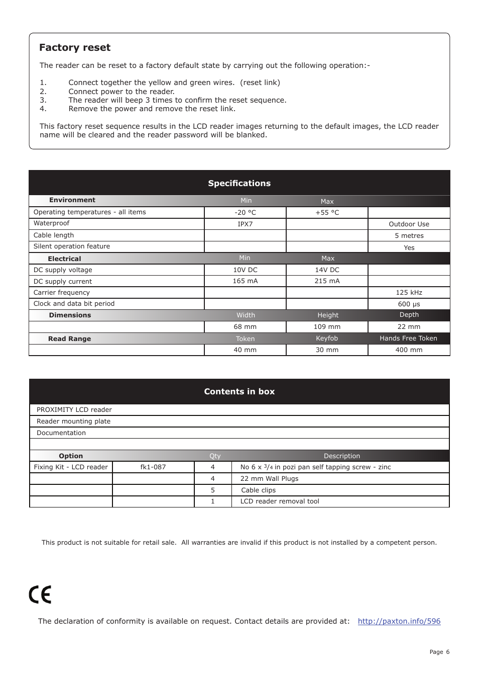 Factory reset, Specifications, Contents in box | Paxton PROXIMITY LCD reader User Manual | Page 6 / 6