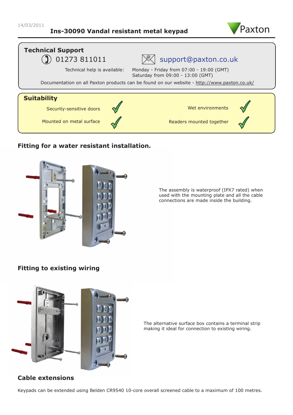 Paxton Vandal resistant metal keypad User Manual | 3 pages