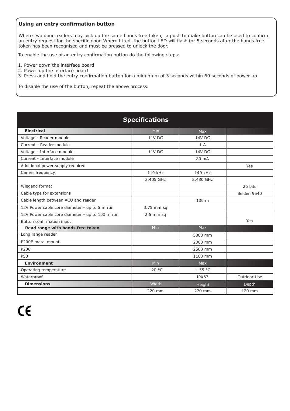 Specifications, Using an entry confirmation button | Paxton OEM PROXIMITY Long range reader - EM4100 - Wiegand Output User Manual | Page 5 / 5