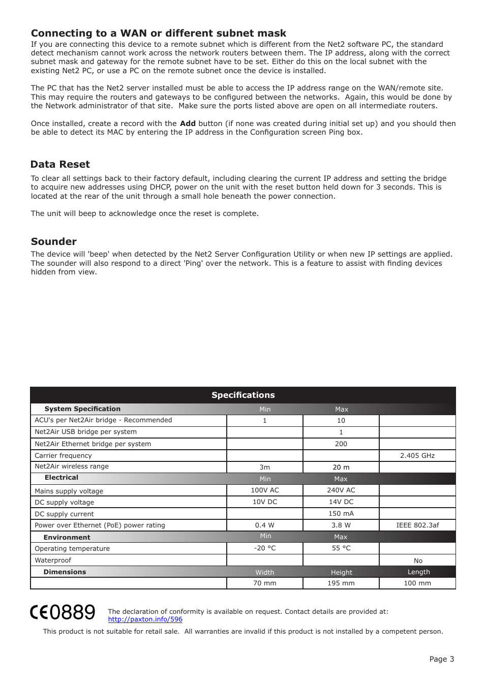 Connecting to a wan or different subnet mask, Data reset, Sounder | Paxton Net2Air Ethernet bridge User Manual | Page 3 / 3
