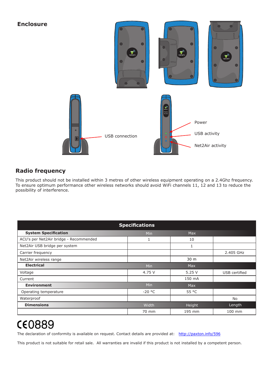 Enclosure radio frequency, Specifications | Paxton Net2Air USB bridge User Manual | Page 2 / 4