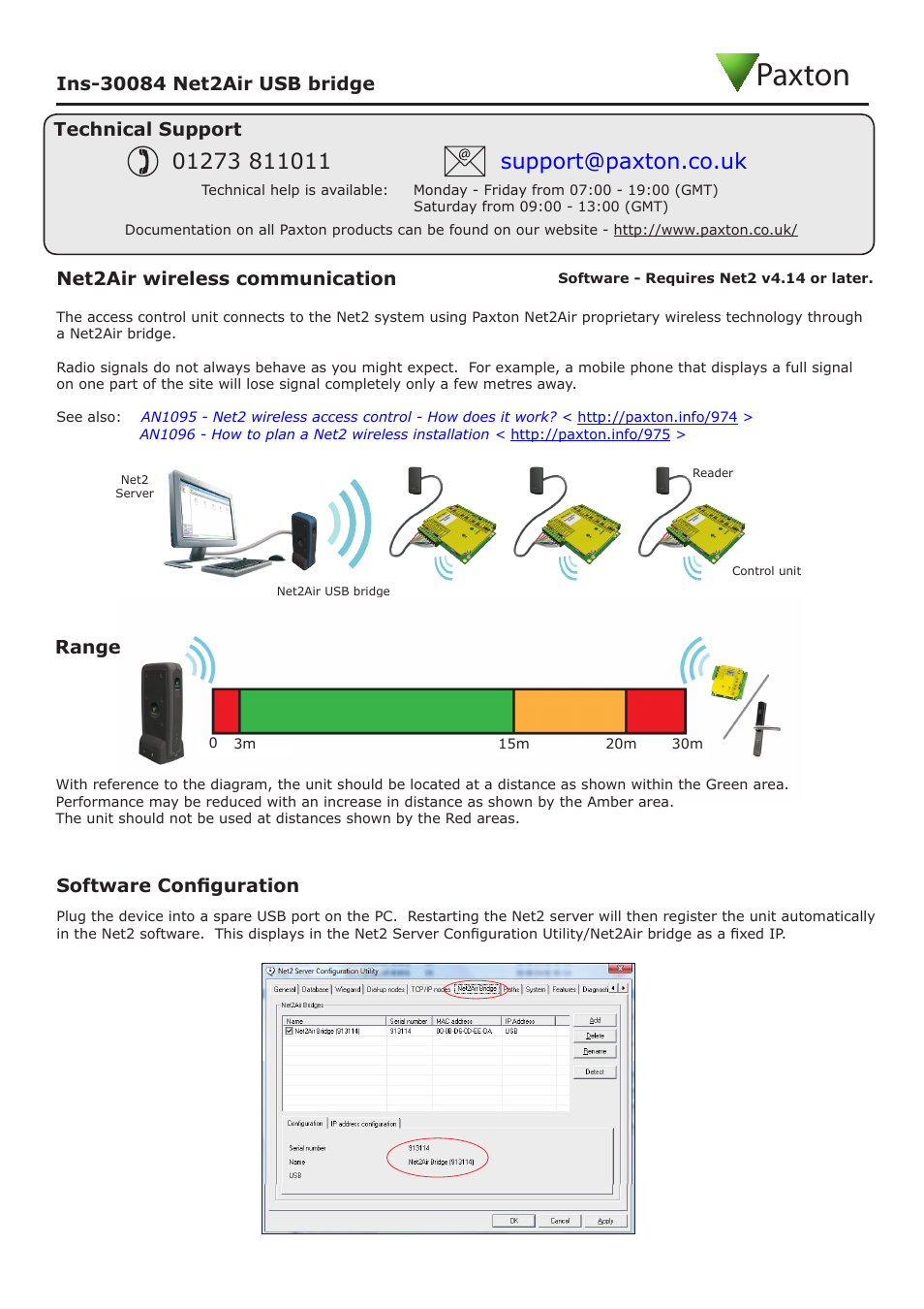 Paxton, Net2air wireless communication, Software configuration | Range | Paxton Net2Air USB bridge User Manual | Page 3 / 4
