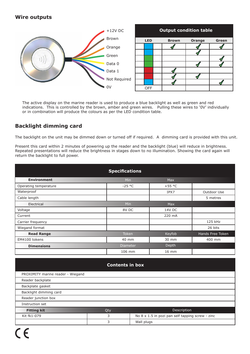 Wire outputs, Backlight dimming card | Paxton OEM PROXIMITY marine reader EM4100 Wiegand output User Manual | Page 2 / 2