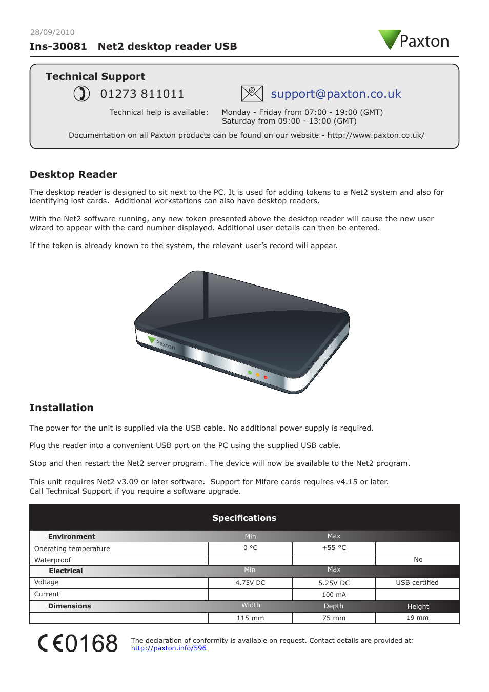 Paxton Net2 desktop reader USB User Manual | 1 page