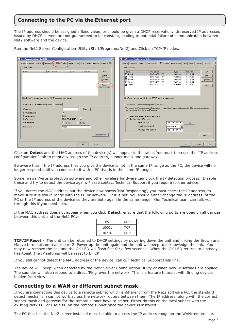 Connecting to the pc via the ethernet port, Connecting to a wan or different subnet mask | Paxton Net2 plus control unit User Manual | Page 3 / 8