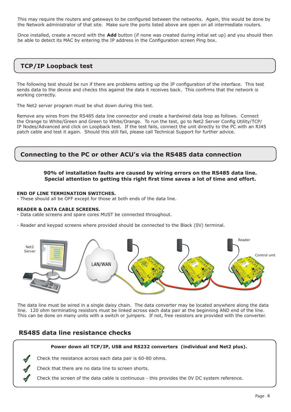 Tcp/ip loopback test, Rs485 data line resistance checks | Paxton Net2 plus control unit User Manual | Page 4 / 8