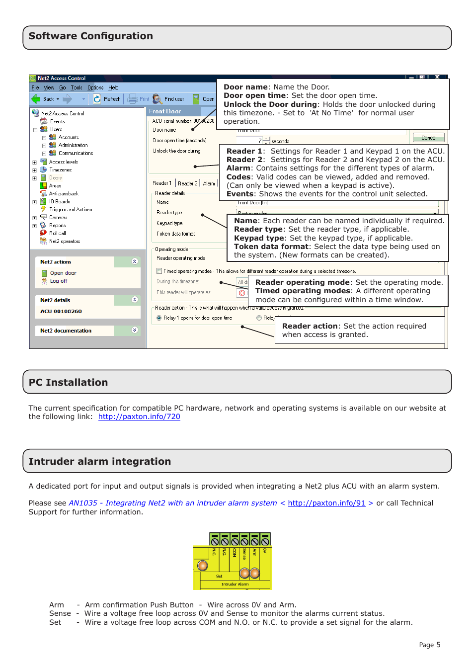 Intruder alarm integration, Software configuration, Pc installation | Paxton Net2 plus control unit User Manual | Page 5 / 8