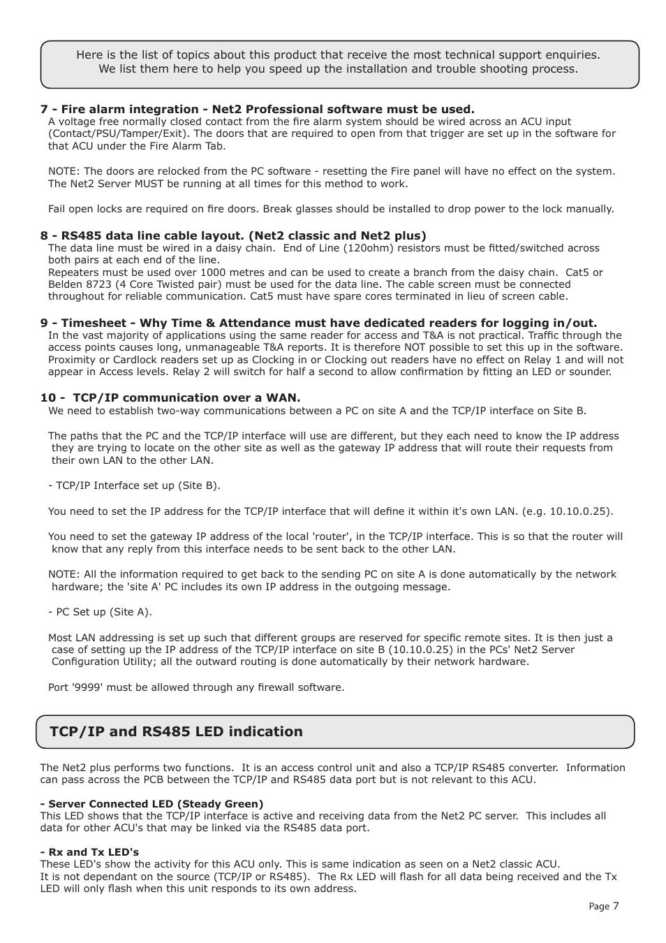 Tcp/ip and rs485 led indication | Paxton Net2 plus control unit User Manual | Page 7 / 8