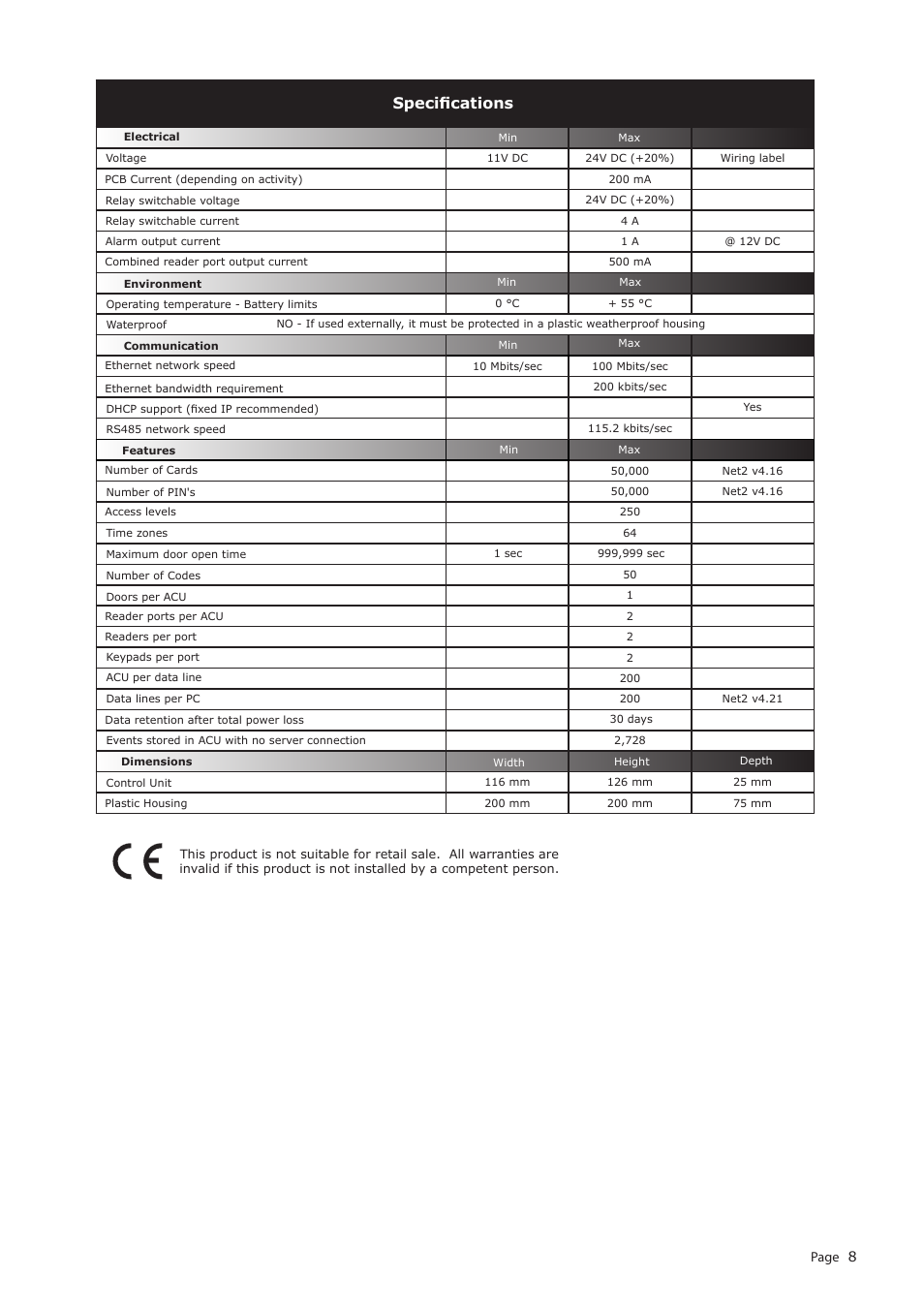 Specifications | Paxton Net2 plus control unit User Manual | Page 8 / 8