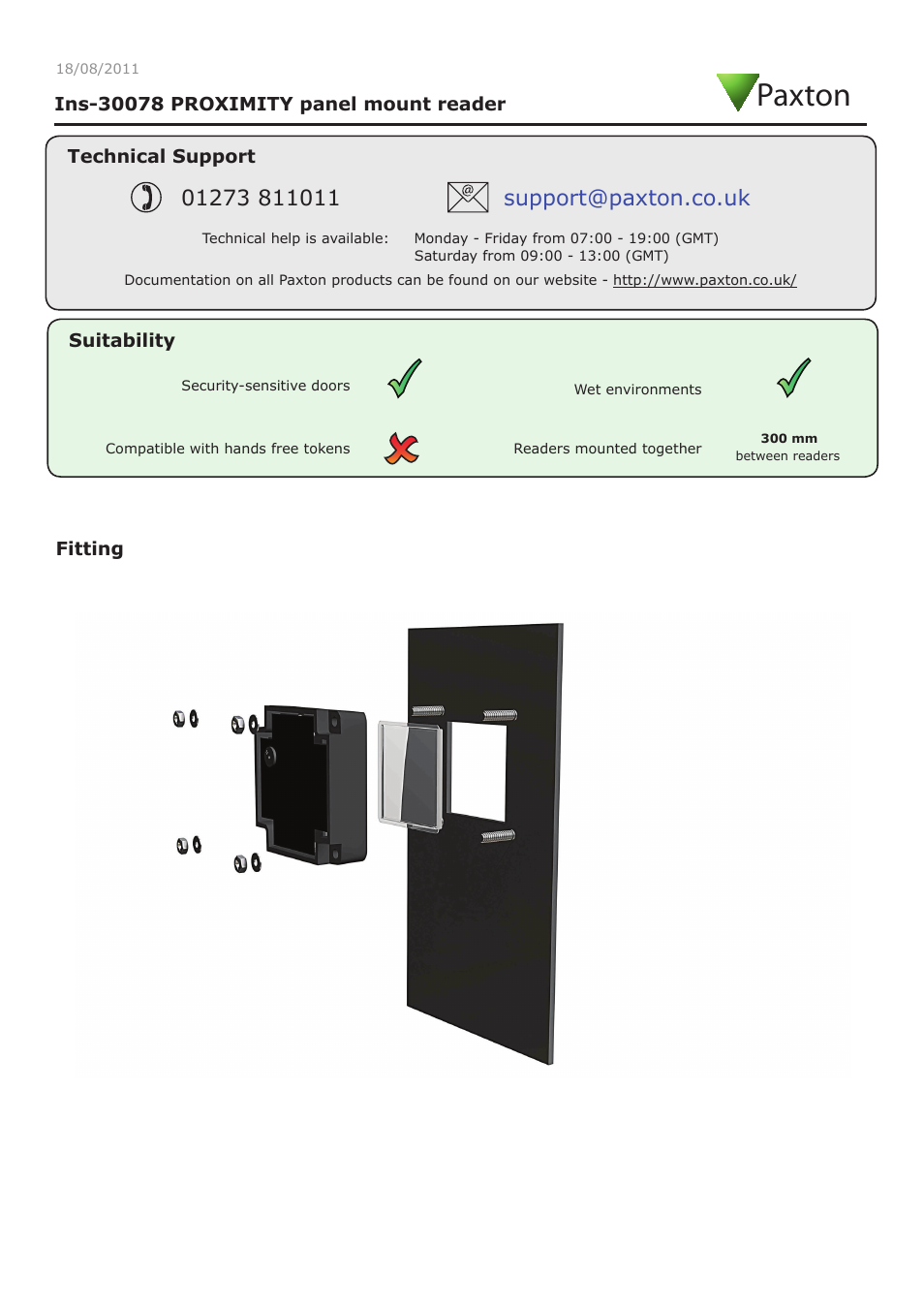 Paxton PROXIMITY panel mount reader User Manual | 4 pages