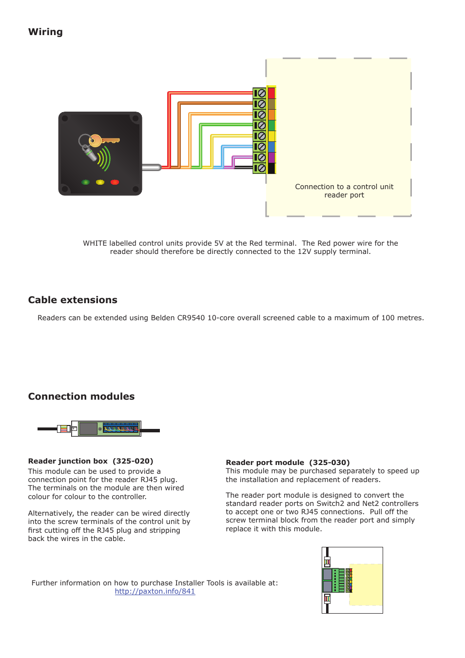 Wiring, Connection modules, Cable extensions | Paxton PROXIMITY panel mount reader User Manual | Page 2 / 4