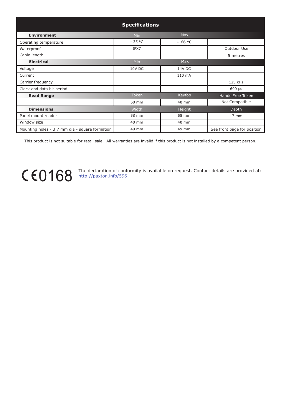 Specifications | Paxton PROXIMITY panel mount reader User Manual | Page 4 / 4