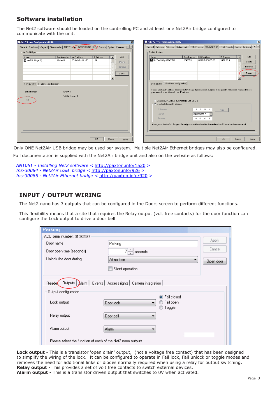 Software installation, Input / output wiring | Paxton Net2 nano control unit User Manual | Page 3 / 5