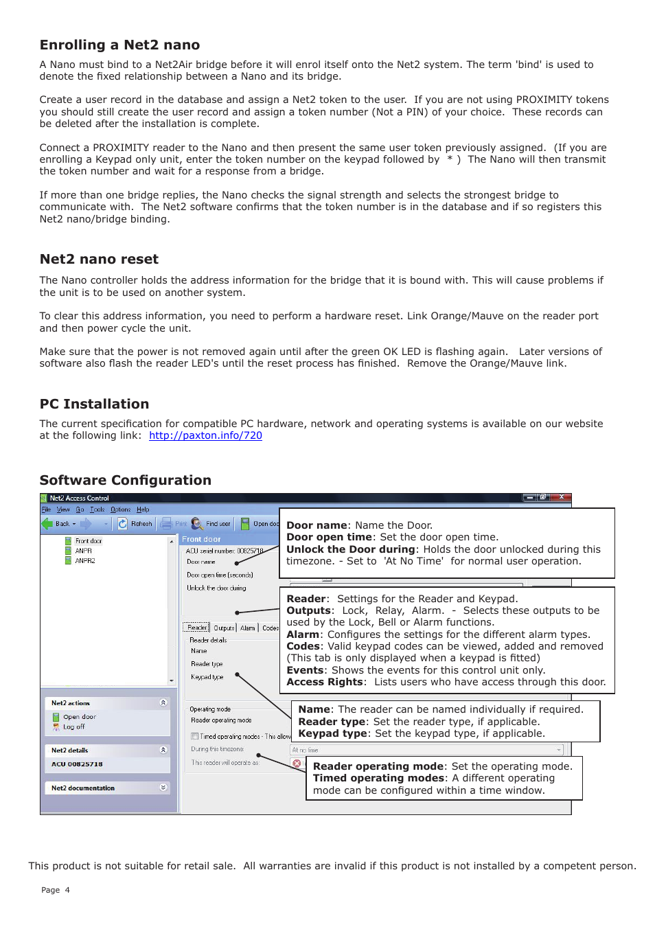 Enrolling a net2 nano software configuration, Net2 nano reset, Pc installation | Paxton Net2 nano control unit User Manual | Page 4 / 5