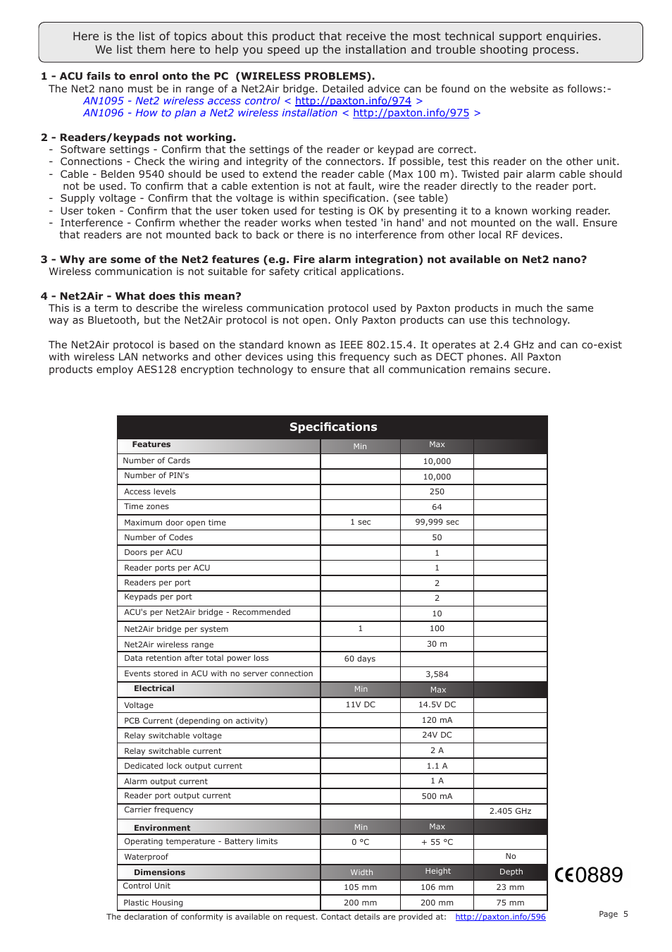 Specifications | Paxton Net2 nano control unit User Manual | Page 5 / 5