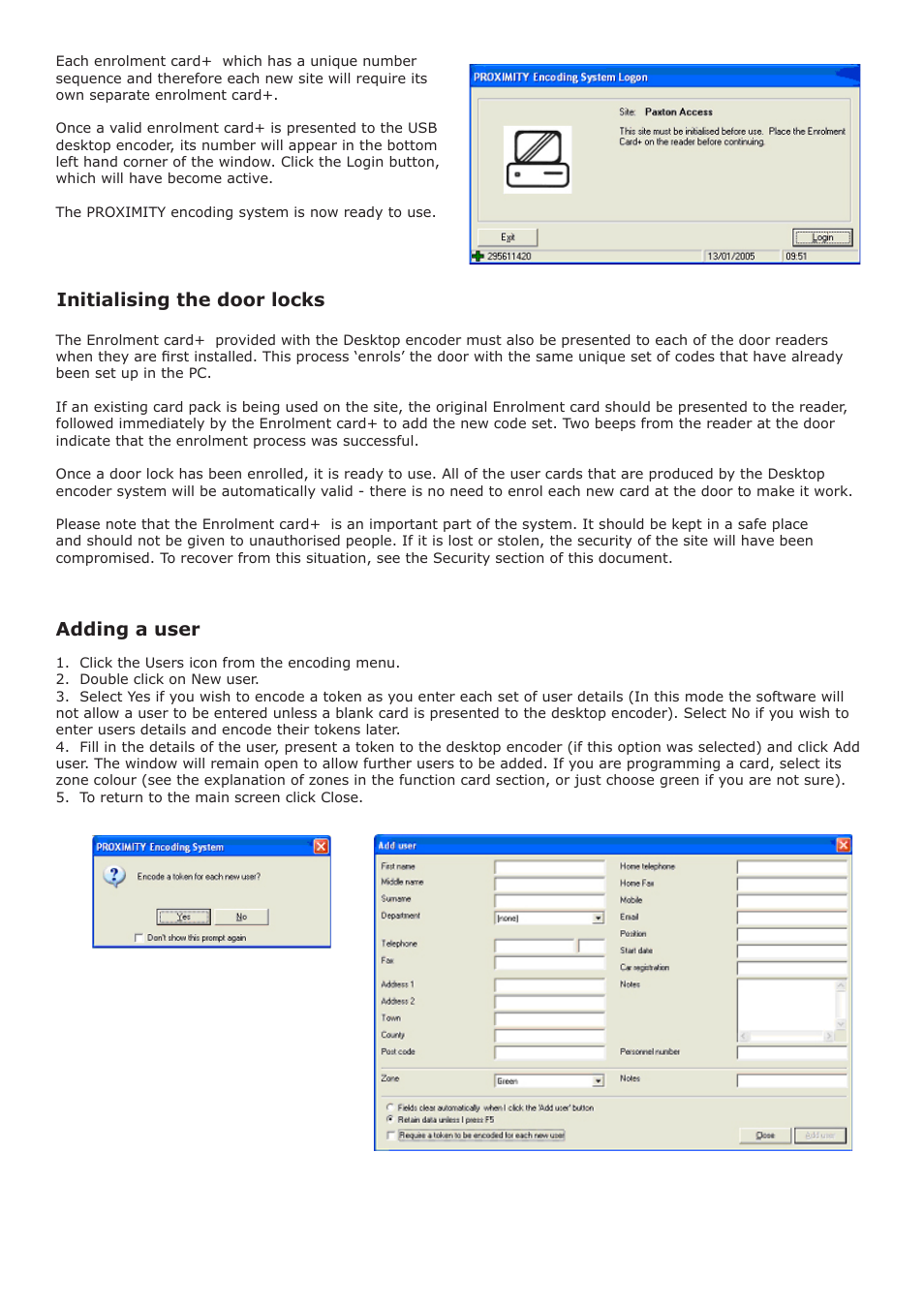 Initialising the door locks, Adding a user | Paxton PROXIMITY encoding system User Manual | Page 2 / 6