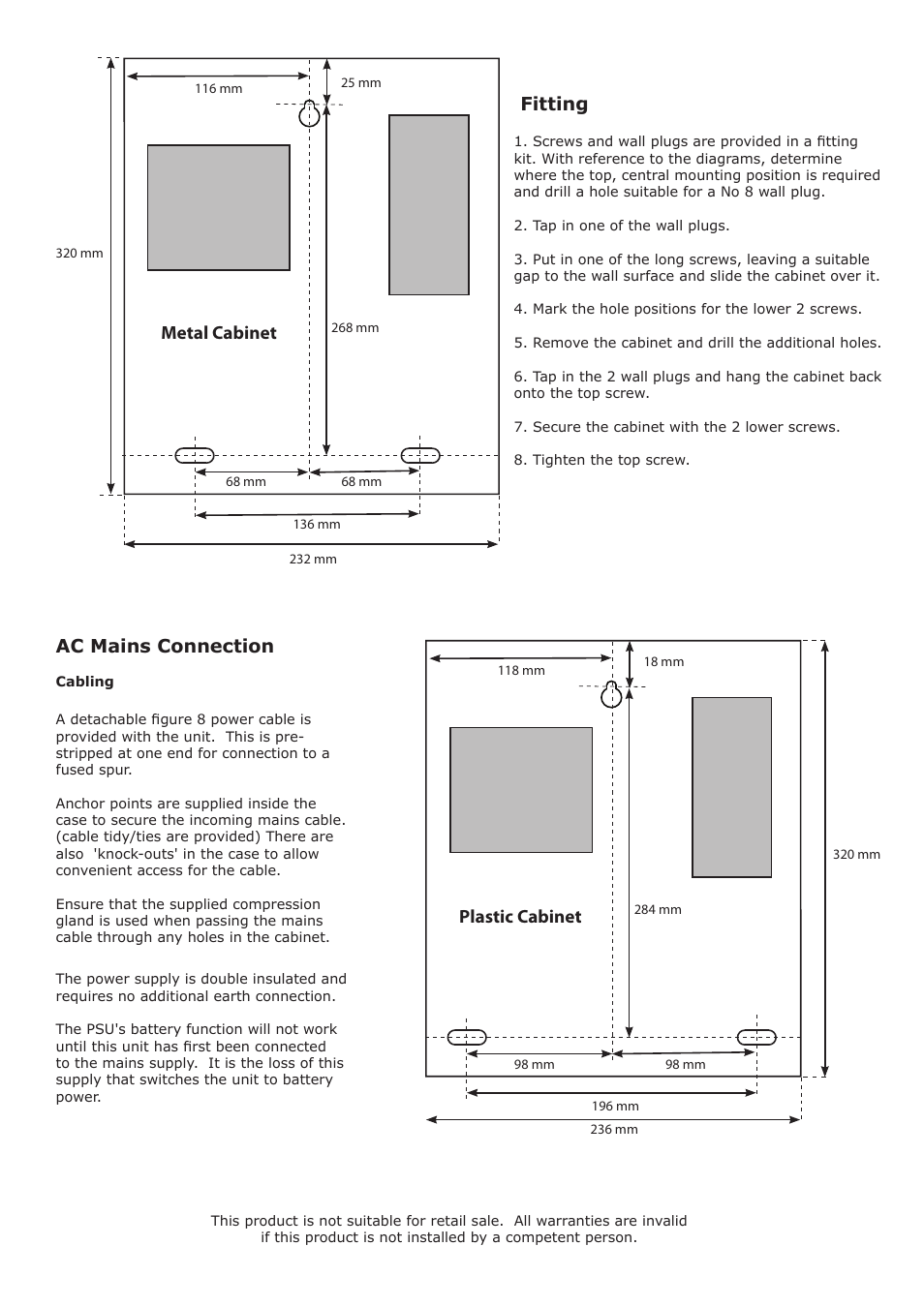 Fitting metal cabinet plastic cabinet, Ac mains connection | Paxton I/O board with 2A/12V DC boxed power supply User Manual | Page 2 / 3