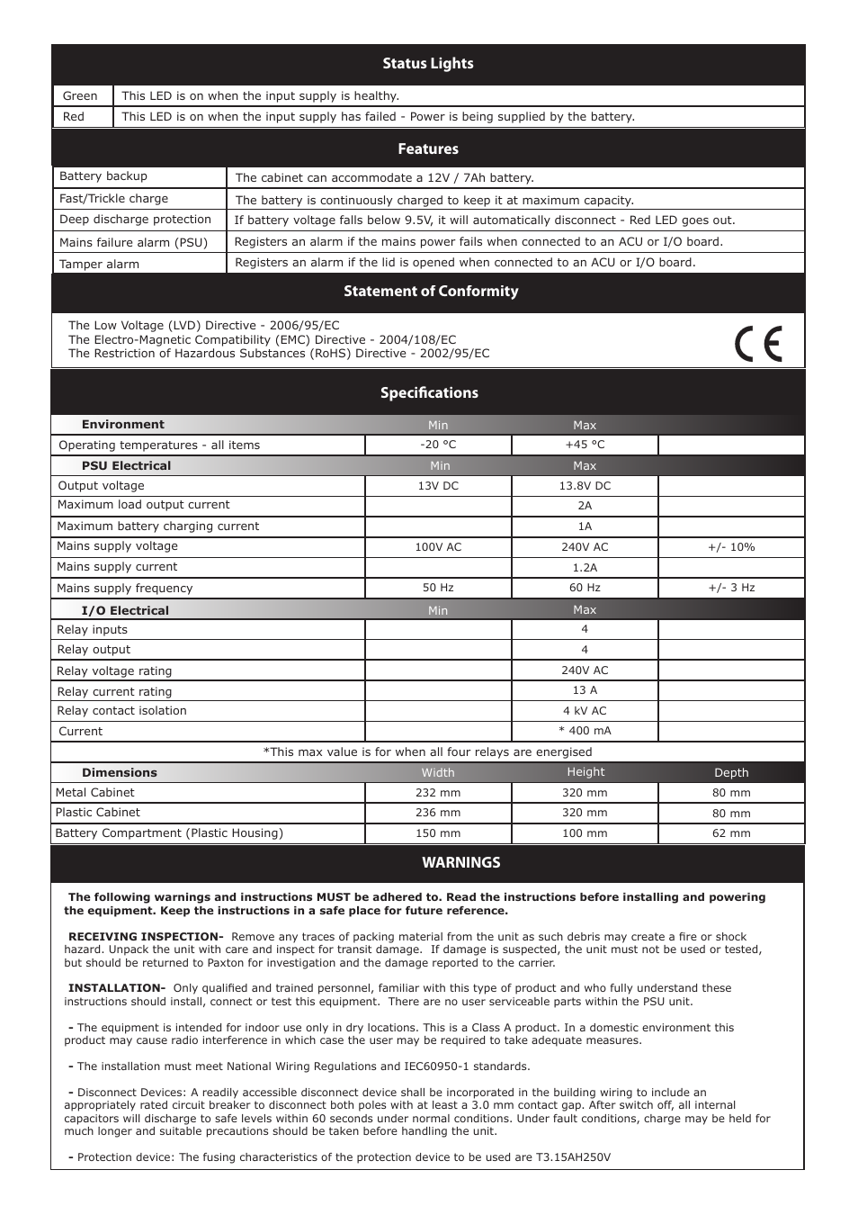 Specifications, Status lights features statement of conformity, Warnings | Paxton I/O board with 2A/12V DC boxed power supply User Manual | Page 3 / 3
