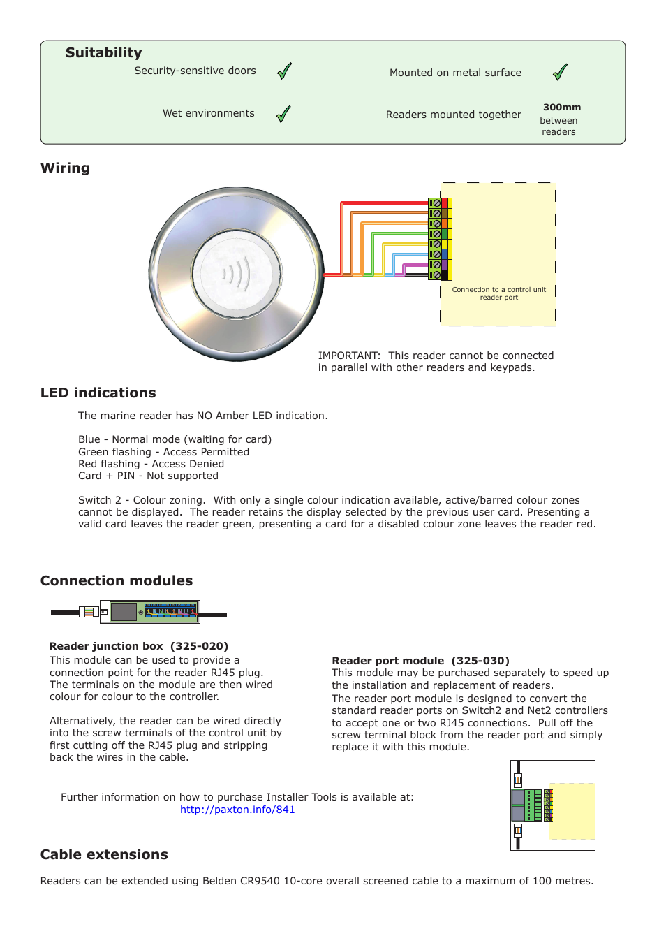 Suitability, Cable extensions, Wiring | Connection modules, Led indications | Paxton PROXIMITY marine reader User Manual | Page 2 / 3