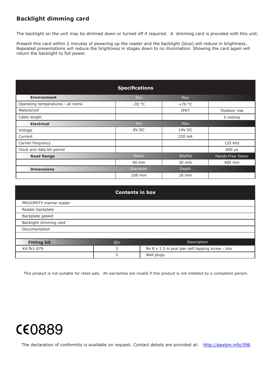 Backlight dimming card, Specifications, Contents in box | Paxton PROXIMITY marine reader User Manual | Page 3 / 3