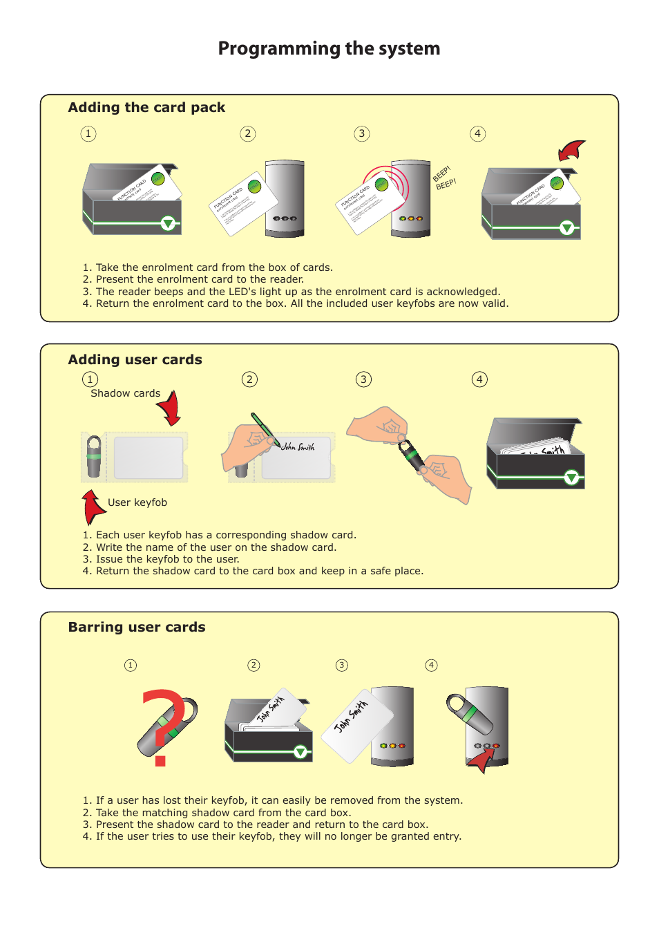 Programming the system, Adding the card pack, Adding user cards | Barring user cards, User keyfob shadow cards, Beep | Paxton PROXIMITY P50 compact kit User Manual | Page 3 / 5
