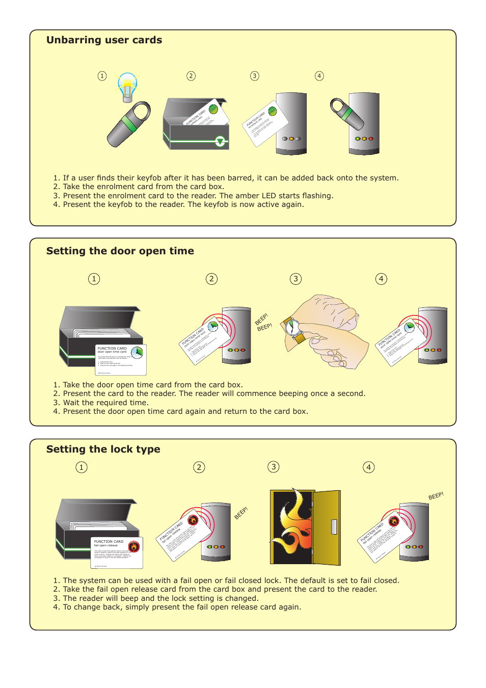 Unbarring user cards, Setting the door open time, Setting the lock type | Beep | Paxton PROXIMITY P50 compact kit User Manual | Page 4 / 5