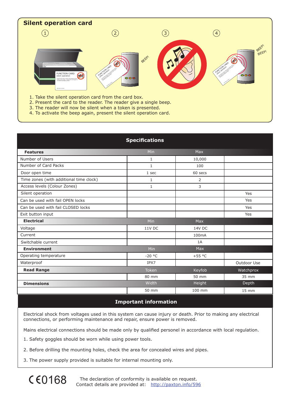 Silent operation card, Specifications, Important information | Voltage | Paxton PROXIMITY P50 compact kit User Manual | Page 5 / 5